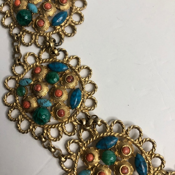 Kenneth Jay Lane KJL Cabochon Coral Turquoise Jade Glass Flower Chain Brass Belt main image 10